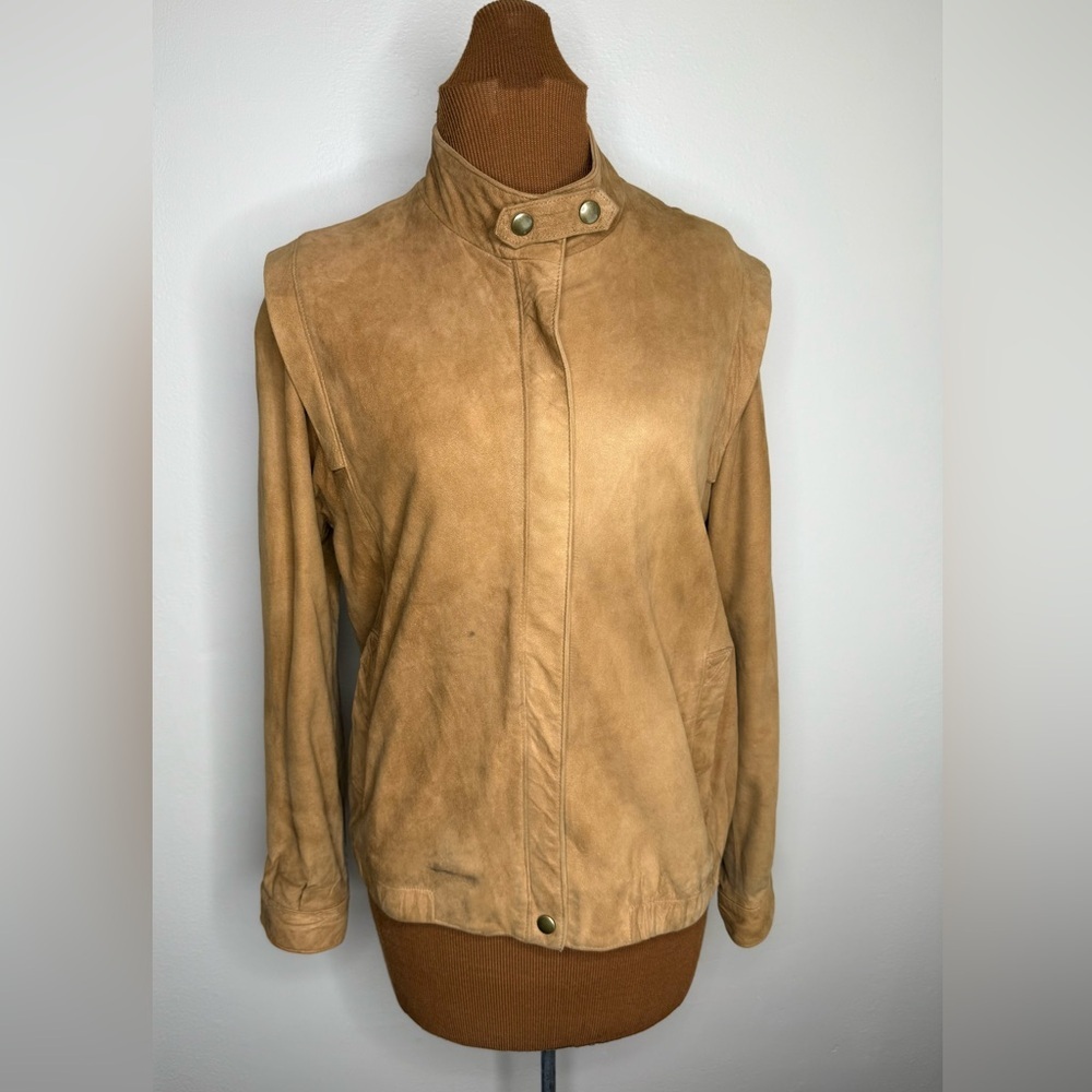 West Bay Vintage Tan Lamb Skin Suede Moto Style Zipper Front Jacket Size 10
